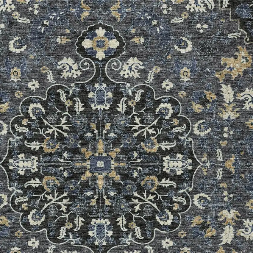 Black And Charcoal Floral Medallion Washable Indoor Outdoor Area Rug Photo 2