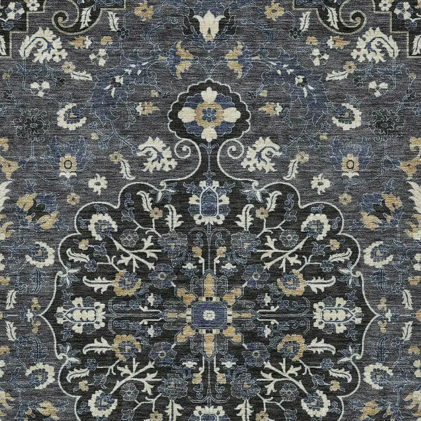 Black And Charcoal Floral Medallion Washable Indoor Outdoor Area Rug Photo 2