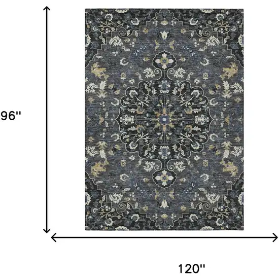 Black And Charcoal Floral Medallion Washable Indoor Outdoor Area Rug Photo 6
