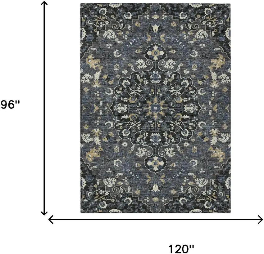 Black And Charcoal Floral Medallion Washable Indoor Outdoor Area Rug Photo 6