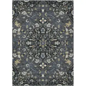 Photo of Black And Charcoal Floral Medallion Washable Indoor Outdoor Area Rug