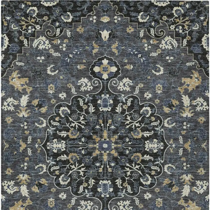 Black And Charcoal Floral Medallion Washable Indoor Outdoor Area Rug Photo 3