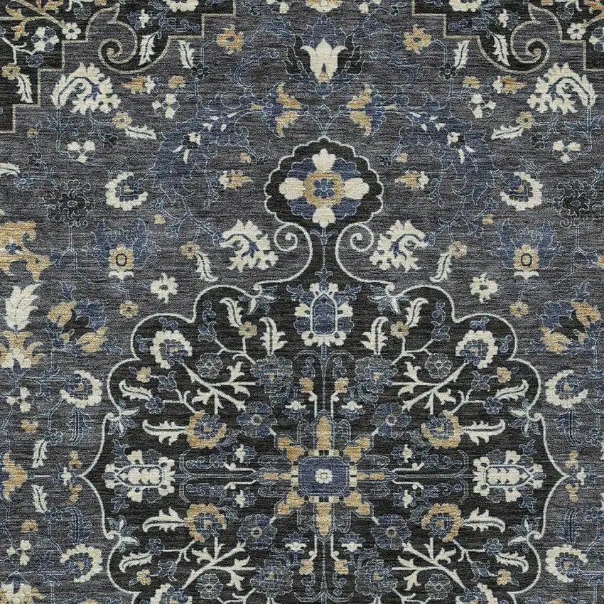 Black And Charcoal Floral Medallion Washable Indoor Outdoor Area Rug Photo 2