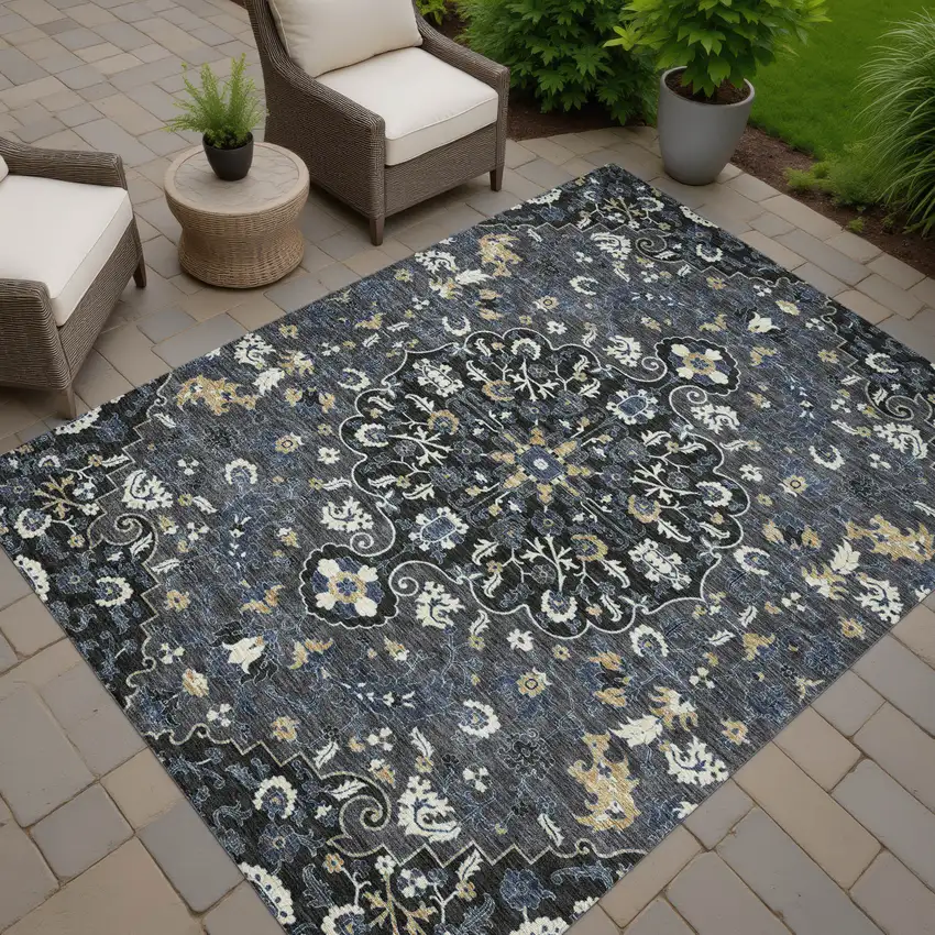 Black And Charcoal Floral Medallion Washable Indoor Outdoor Area Rug Photo 7