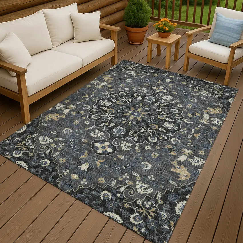 Black And Charcoal Floral Medallion Washable Indoor Outdoor Area Rug Photo 4