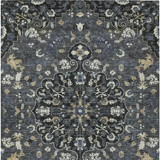 Black And Charcoal Floral Medallion Washable Indoor Outdoor Area Rug Photo 3