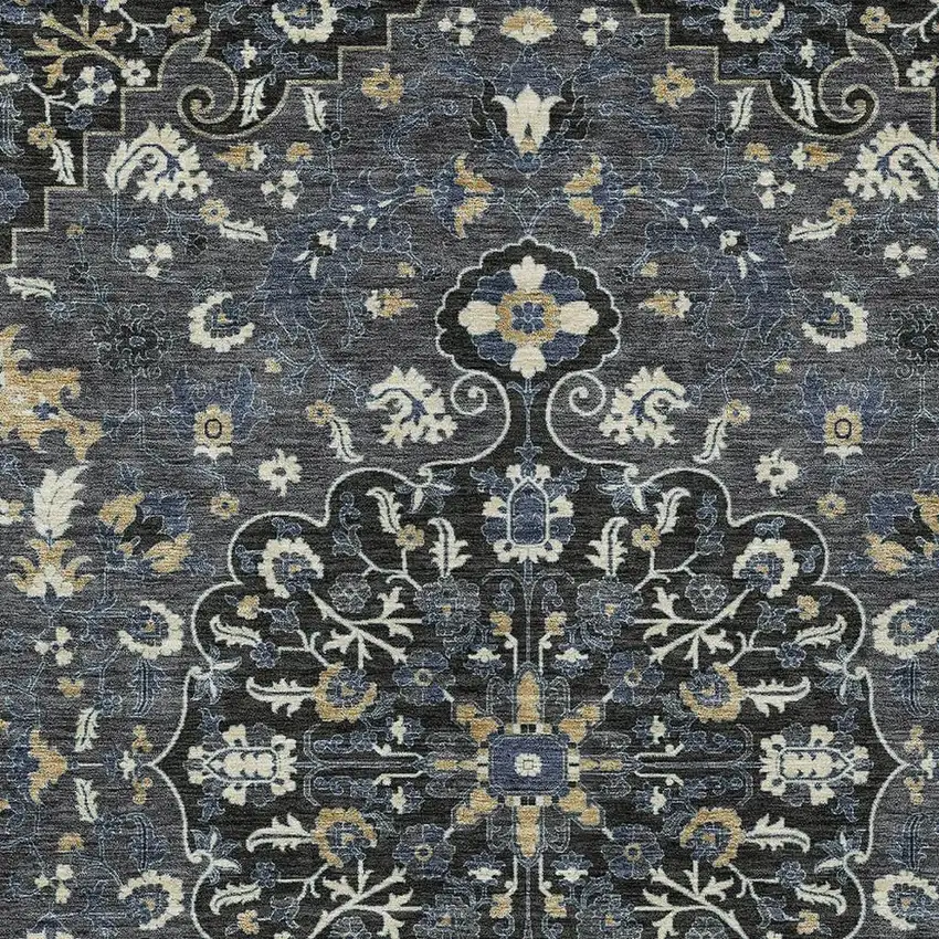 Black And Charcoal Floral Medallion Washable Indoor Outdoor Area Rug Photo 2