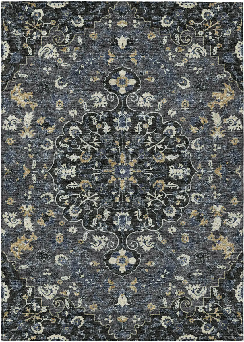 Black And Charcoal Floral Medallion Washable Indoor Outdoor Area Rug Photo 1