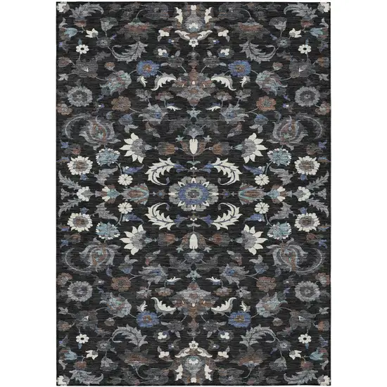 Black And Charcoal Floral Medallion Washable Indoor Outdoor Area Rug Photo 1