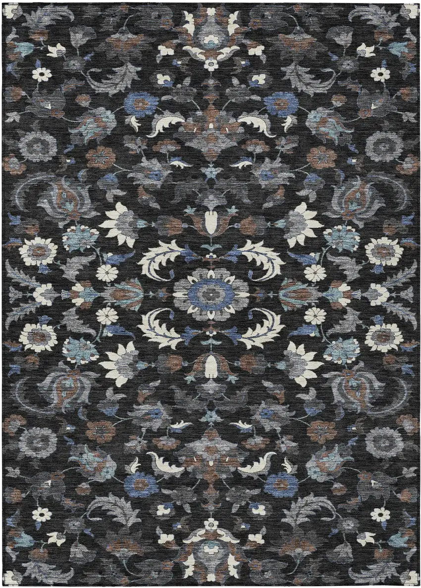 Black And Charcoal Floral Medallion Washable Indoor Outdoor Area Rug Photo 1