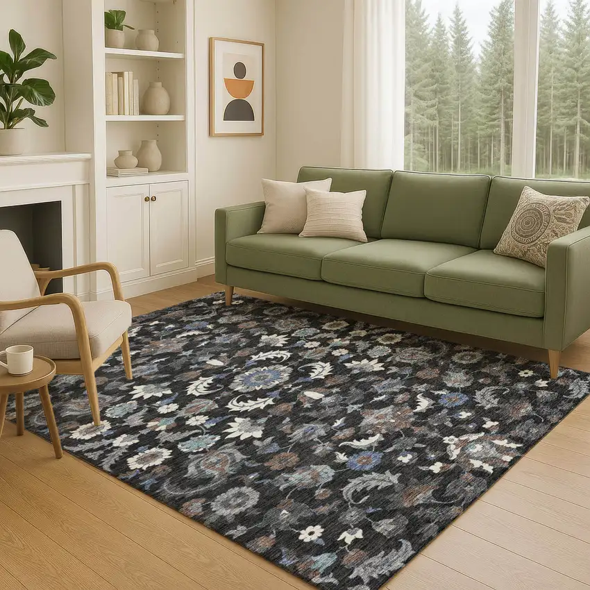 Black And Charcoal Floral Medallion Washable Indoor Outdoor Area Rug Photo 5