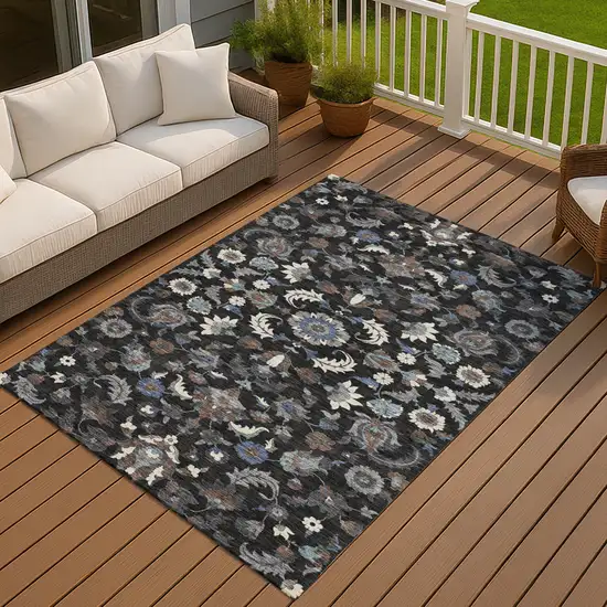 Black And Charcoal Floral Medallion Washable Indoor Outdoor Area Rug Photo 7
