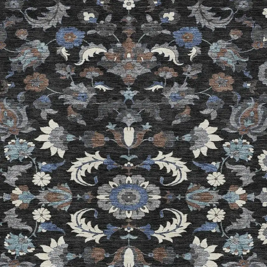 Black And Charcoal Floral Medallion Washable Indoor Outdoor Area Rug Photo 2