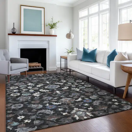 Black And Charcoal Floral Medallion Washable Indoor Outdoor Area Rug Photo 6