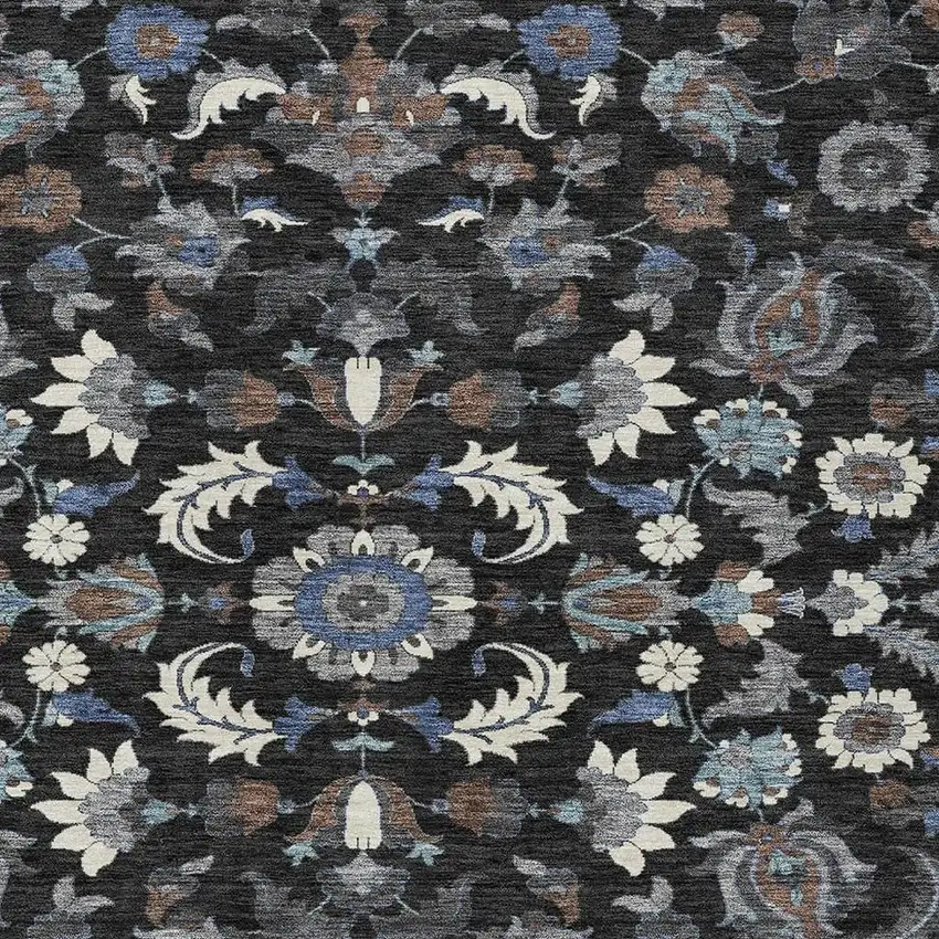 Black And Charcoal Floral Medallion Washable Indoor Outdoor Area Rug Photo 2