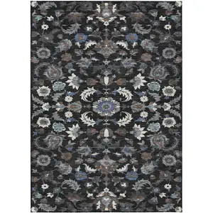 Photo of Black And Charcoal Floral Medallion Washable Indoor Outdoor Area Rug