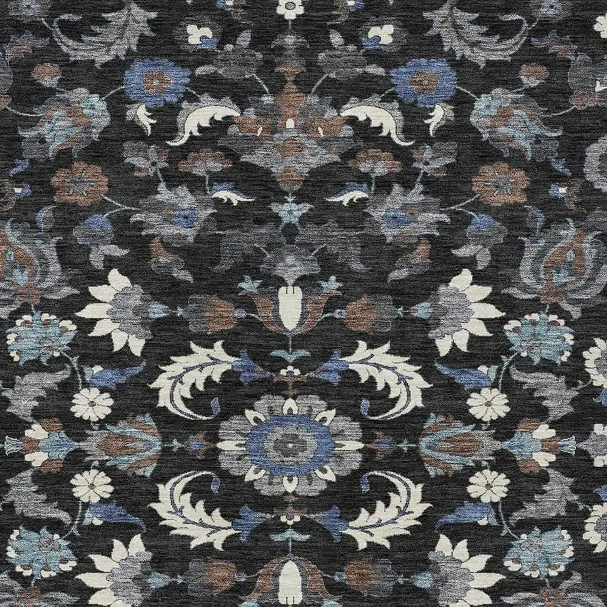 Black And Charcoal Floral Medallion Washable Indoor Outdoor Area Rug Photo 2