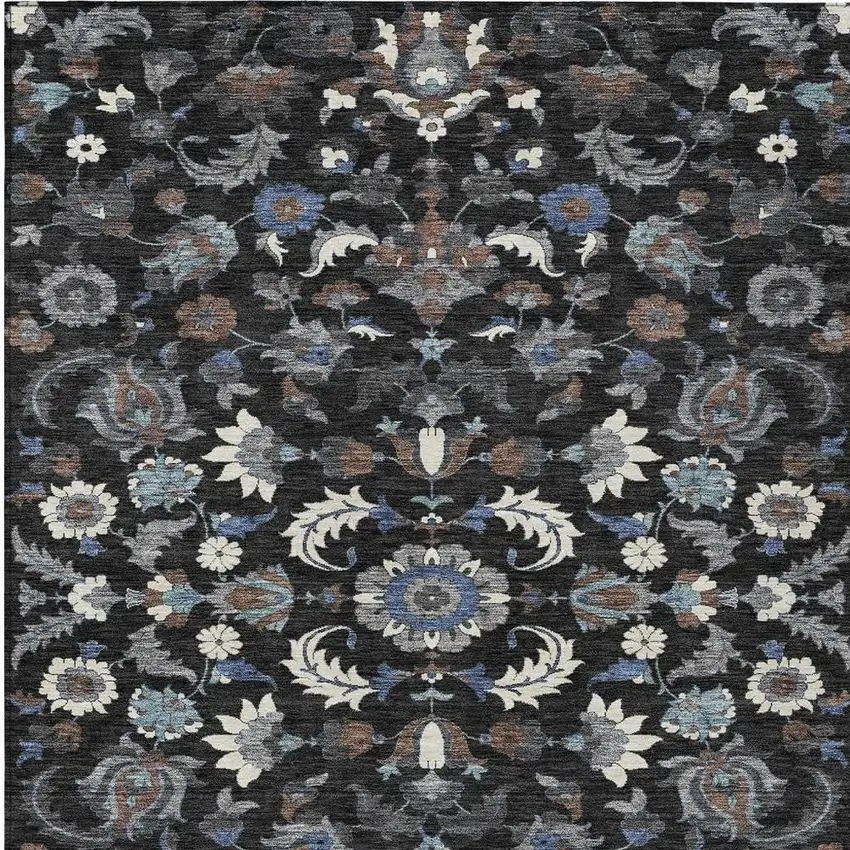 Black And Charcoal Floral Medallion Washable Indoor Outdoor Area Rug Photo 3
