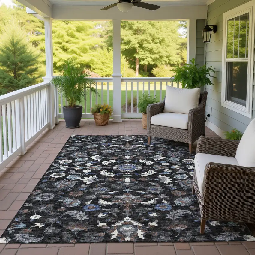 Black And Charcoal Floral Medallion Washable Indoor Outdoor Area Rug Photo 4
