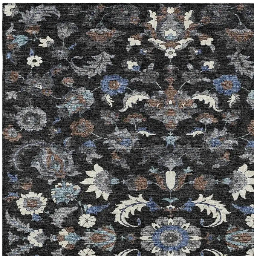 Black And Charcoal Floral Medallion Washable Indoor Outdoor Area Rug Photo 2