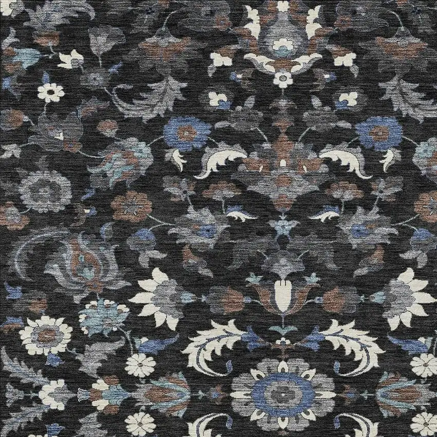 Black And Charcoal Floral Medallion Washable Indoor Outdoor Area Rug Photo 2