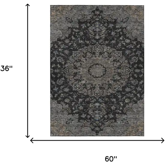 Black And Charcoal Floral Medallion Washable Indoor Outdoor Area Rug Photo 6