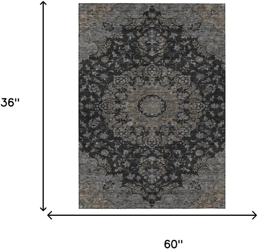 Black And Charcoal Floral Medallion Washable Indoor Outdoor Area Rug Photo 6