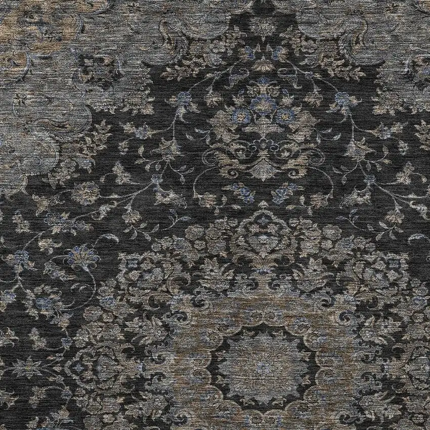 Black And Charcoal Floral Medallion Washable Indoor Outdoor Area Rug Photo 2