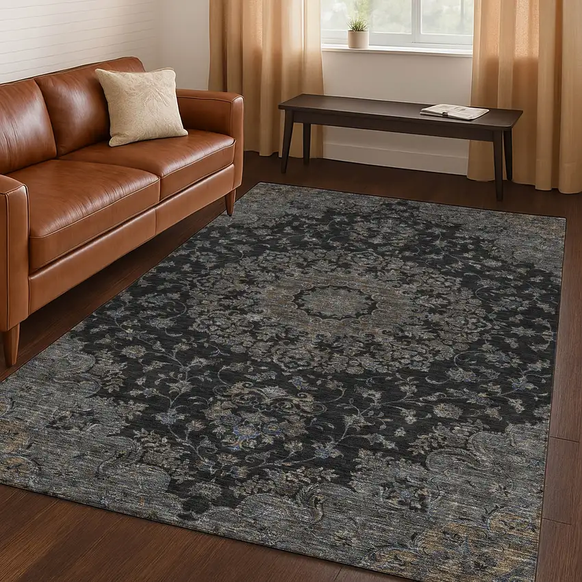 Black And Charcoal Floral Medallion Washable Indoor Outdoor Area Rug Photo 5