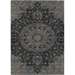 Photo of Black And Charcoal Floral Medallion Washable Indoor Outdoor Area Rug