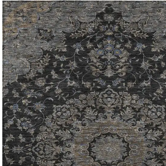 Black And Charcoal Floral Medallion Washable Indoor Outdoor Area Rug Photo 2