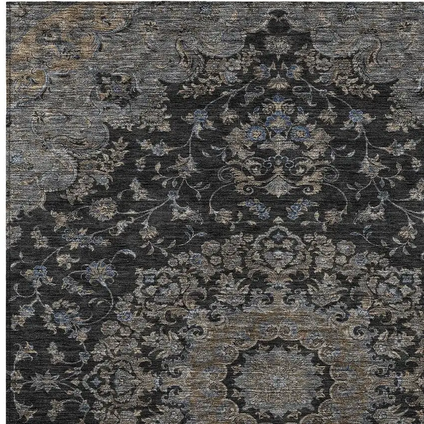 Black And Charcoal Floral Medallion Washable Indoor Outdoor Area Rug Photo 2
