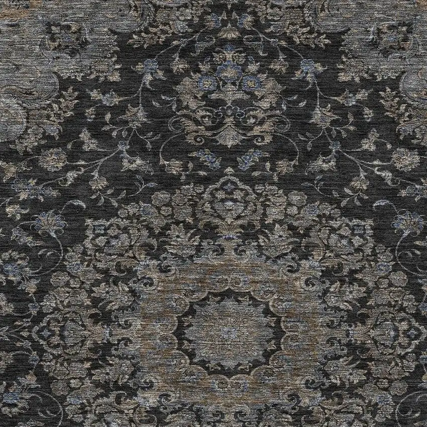 Black And Charcoal Floral Medallion Washable Indoor Outdoor Area Rug Photo 2