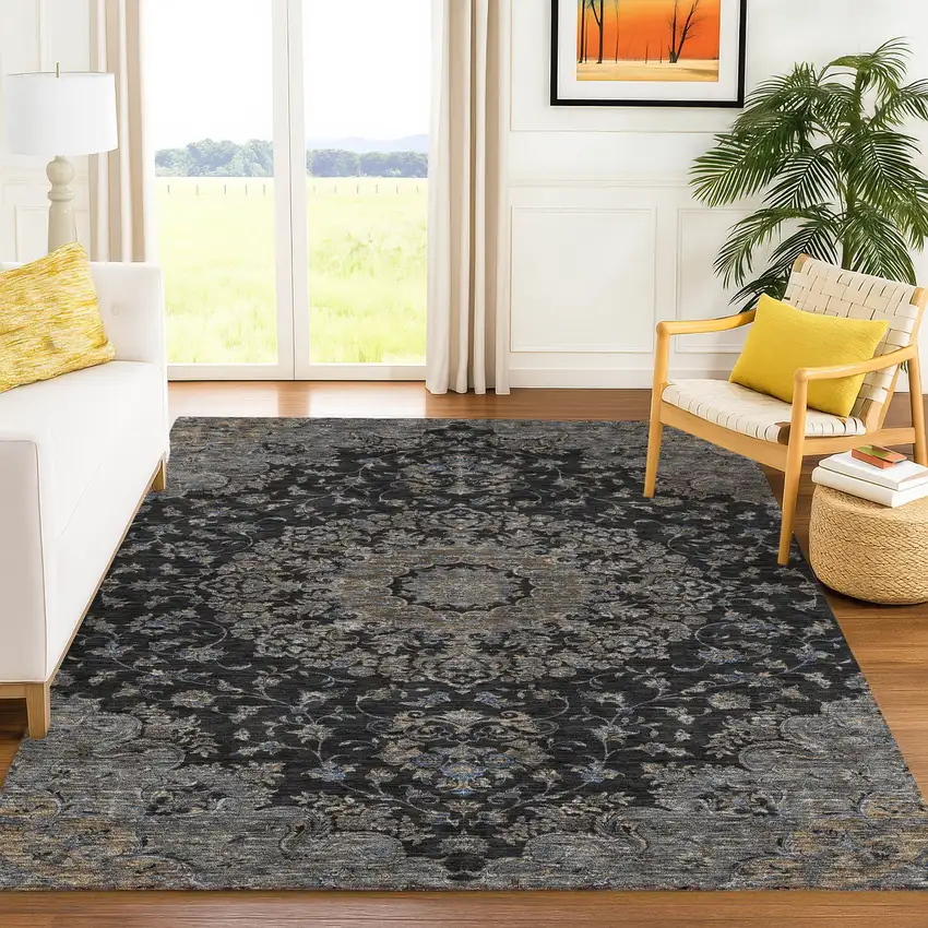 Black And Charcoal Floral Medallion Washable Indoor Outdoor Area Rug Photo 6