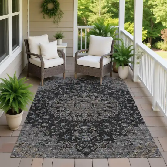 Black And Charcoal Floral Medallion Washable Indoor Outdoor Area Rug Photo 7