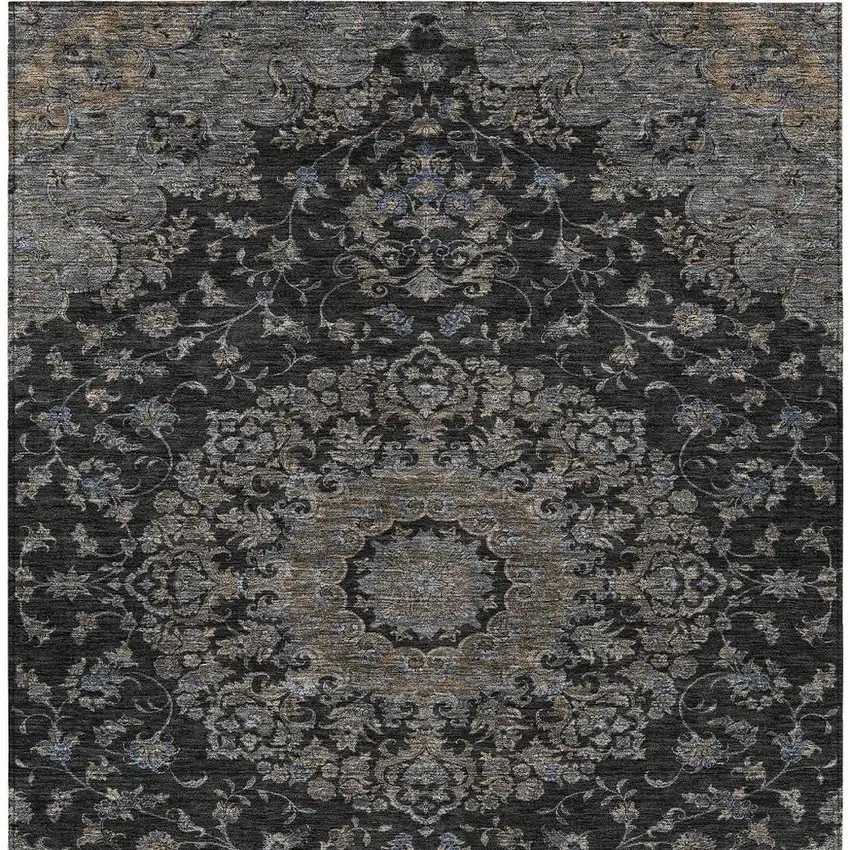 Black And Charcoal Floral Medallion Washable Indoor Outdoor Area Rug Photo 3
