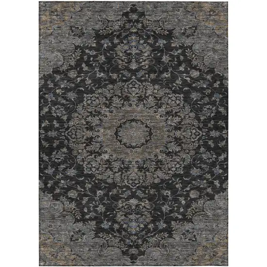 Black And Charcoal Floral Medallion Washable Indoor Outdoor Area Rug Photo 1