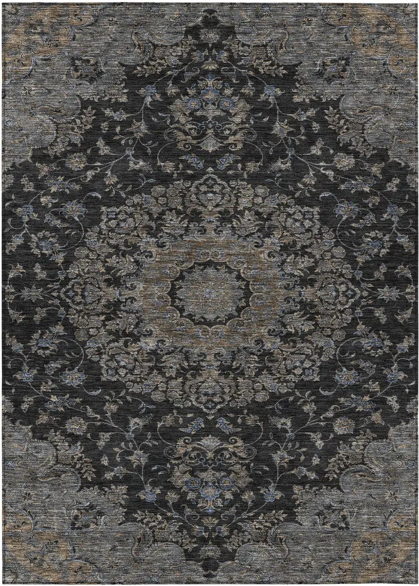 Black And Charcoal Floral Medallion Washable Indoor Outdoor Area Rug Photo 1
