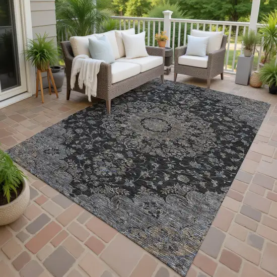 Black And Charcoal Floral Medallion Washable Indoor Outdoor Area Rug Photo 4