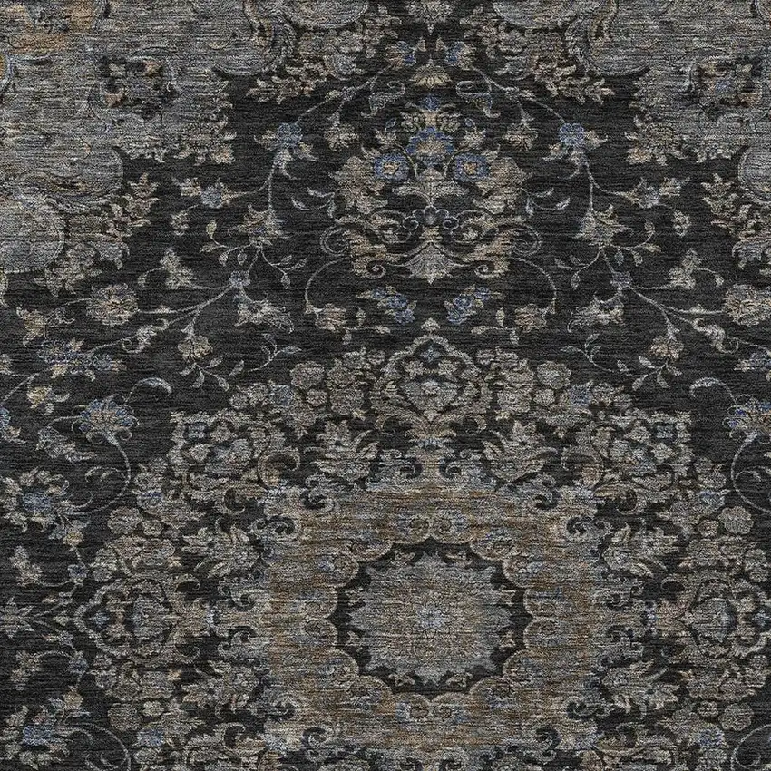 Black And Charcoal Floral Medallion Washable Indoor Outdoor Area Rug Photo 2