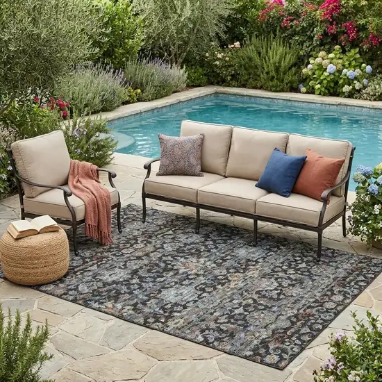 Black And Charcoal Floral Medallion Washable Indoor Outdoor Area Rug Photo 1