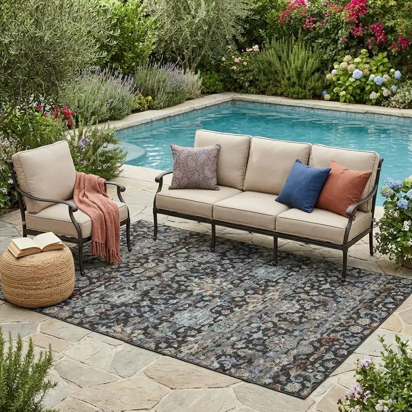 Black And Charcoal Floral Medallion Washable Indoor Outdoor Area Rug Photo 1