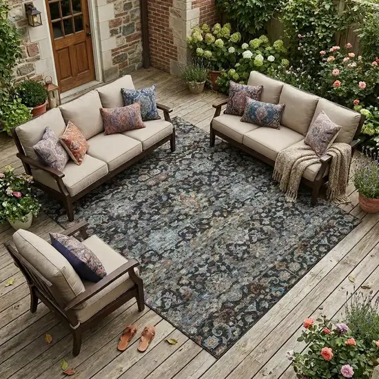 Black And Charcoal Floral Medallion Washable Indoor Outdoor Area Rug Photo 1