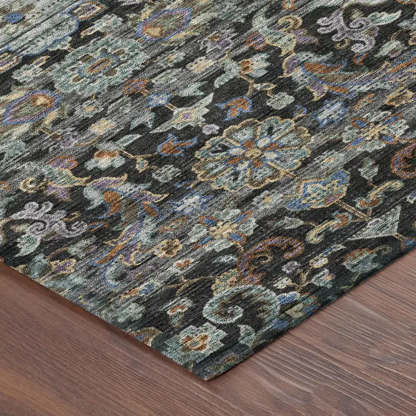 Black And Charcoal Floral Medallion Washable Indoor Outdoor Area Rug Photo 5