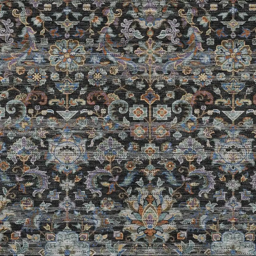 Black And Charcoal Floral Medallion Washable Indoor Outdoor Area Rug Photo 3