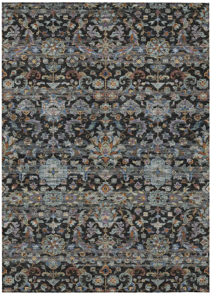 Black And Charcoal Floral Medallion Washable Indoor Outdoor Area Rug Photo 2
