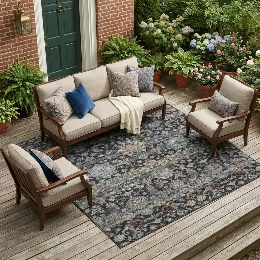 Black And Charcoal Floral Medallion Washable Indoor Outdoor Area Rug Photo 1