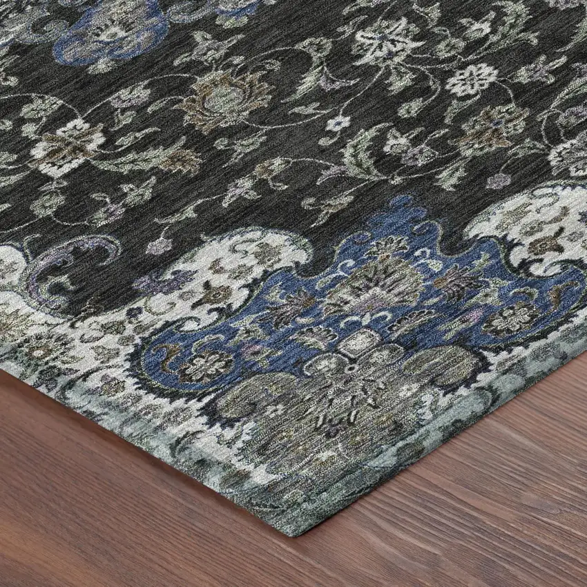 Black And Charcoal Floral Medallion Washable Indoor Outdoor Area Rug Photo 5