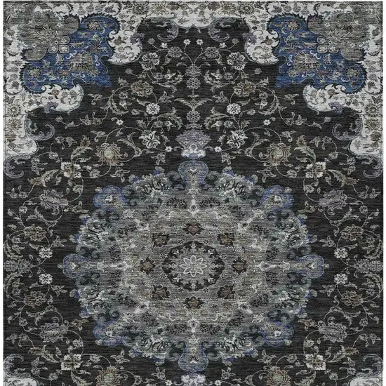Black And Charcoal Floral Medallion Washable Indoor Outdoor Area Rug Photo 4