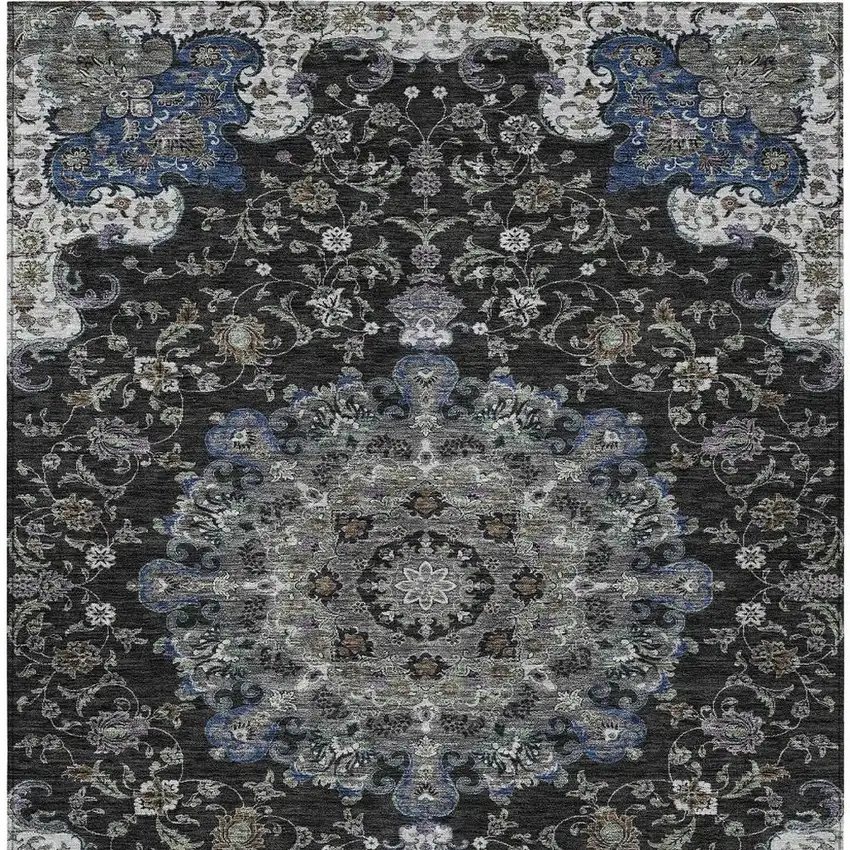 Black And Charcoal Floral Medallion Washable Indoor Outdoor Area Rug Photo 4